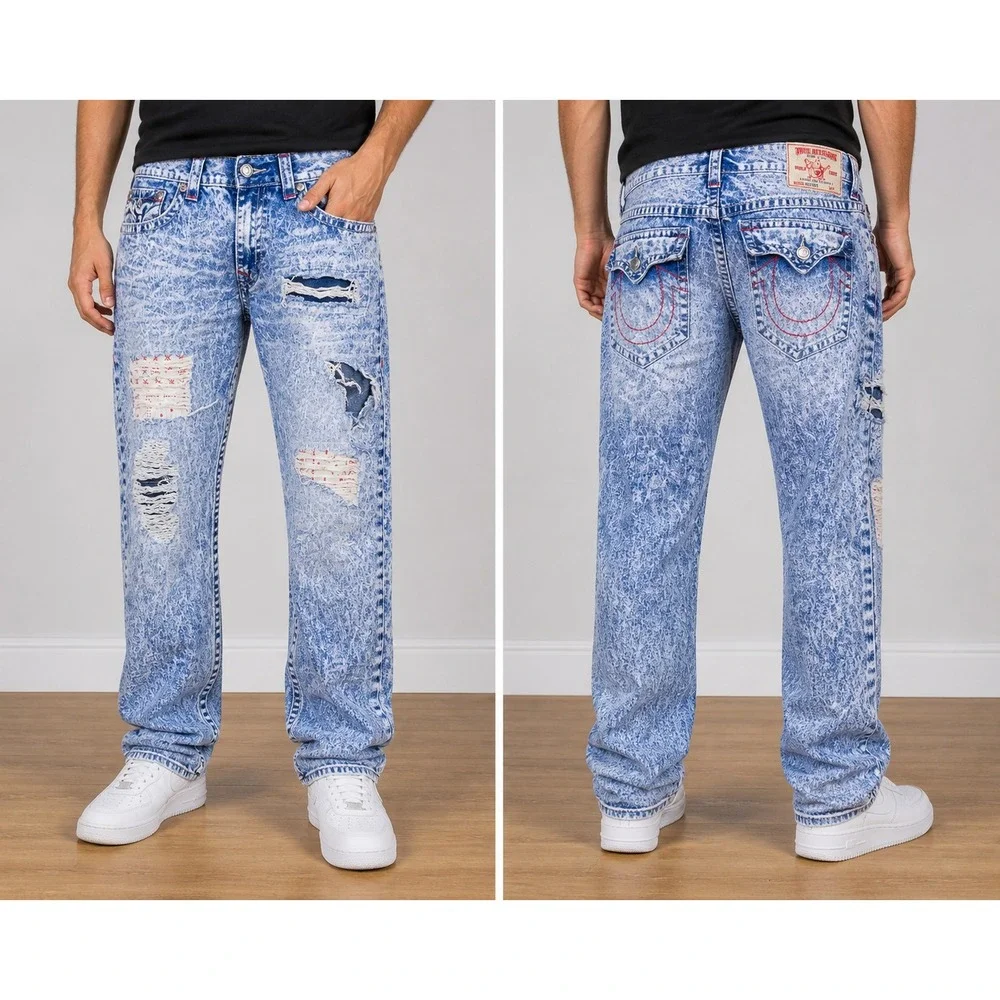 True Religion Jeans Mens 42x32 Blue Acid Wash Distressed Flap Pocket Y2K Grunge